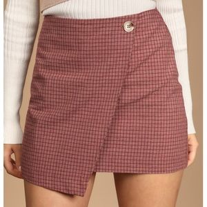 Lulu’s Berry Plaid High-Waisted Faux Wrap Mini Skirt size M (red plaid)